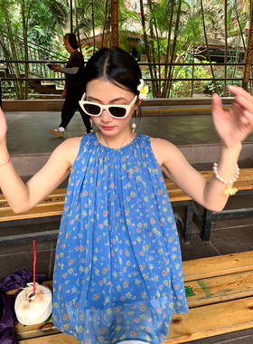 落落狷介无袖碎花雪纺衫女2026年新款宽松小个子雪纺上衣蓝色小众