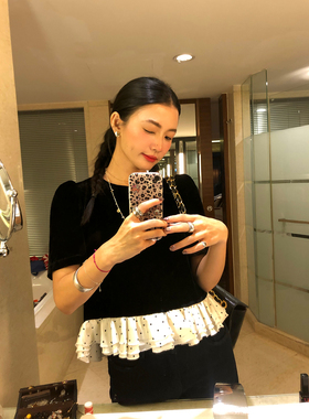 落落狷介 女士早秋新款上衣黑色短袖丝绒套头衬衫女港风chic穿搭