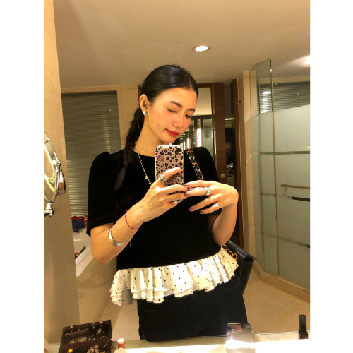 落落狷介早秋黑色丝绒衬衫女