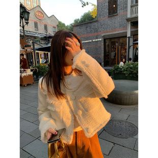 落落狷介 加厚羽绒毛呢外套设计感流苏 白色小香风外套女2023新款