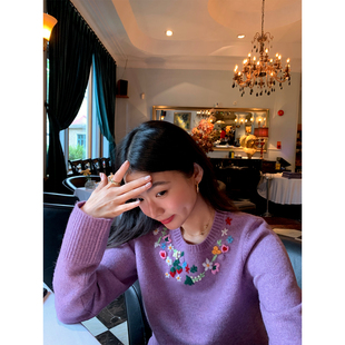 落落狷介紫色毛衣可外穿内搭2025新款 刺绣小个子毛线衣慵懒松弛感