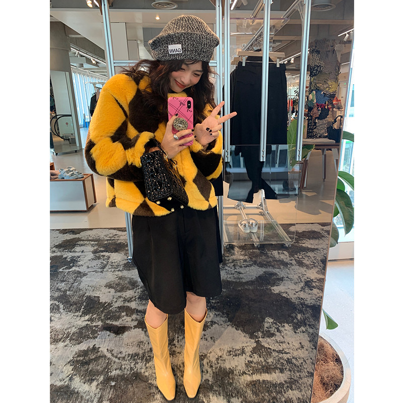 落落狷介 皮草外套女气质名媛黄色格子2025年新款冬季毛毛外套女,女装/女士精品,皮草,淘宝优惠券,粉丝福利购,淘宝优惠卷