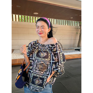 一字肩上衣小个子花色套头衬衫 2026年新款 设计感 女款 落落狷介春装