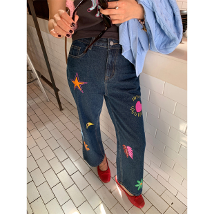 子小个子 早秋设计感印花宽松高腰裤 落落狷介直筒牛仔裤 女2025新款