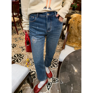 小脚牛仔裤 裤 女2025新款 小个子高腰修身 秋冬刺绣九分裤 落落狷介