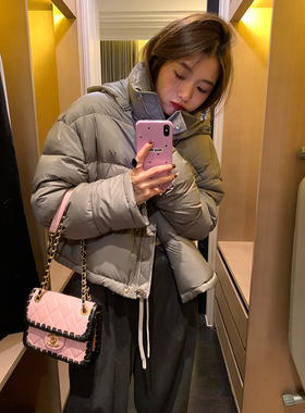 落落狷介灰色短款面包羽绒服冬季女立领连帽加厚保暖面包服小个子