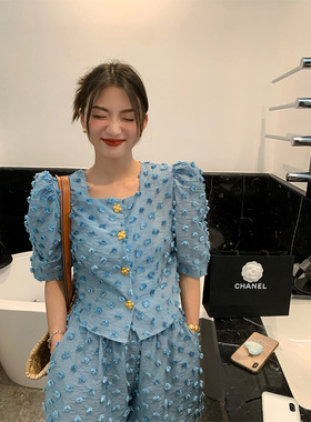 落落狷介短裤套装女夏季蓝色两件套设计感小众套装裤短袖上衣短裤