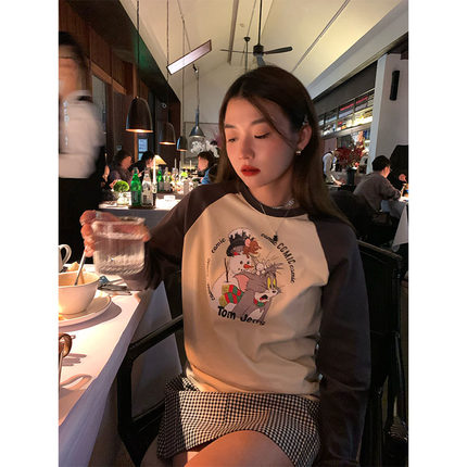 落落狷介 拼接打底衫女长袖T恤印花设计感小众2025年新款春装上衣