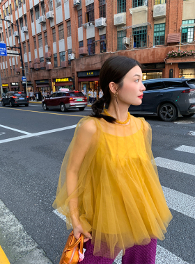 落落狷介 独特超好看网纱上衣女姜黄色设计感小个子两件套无袖T恤