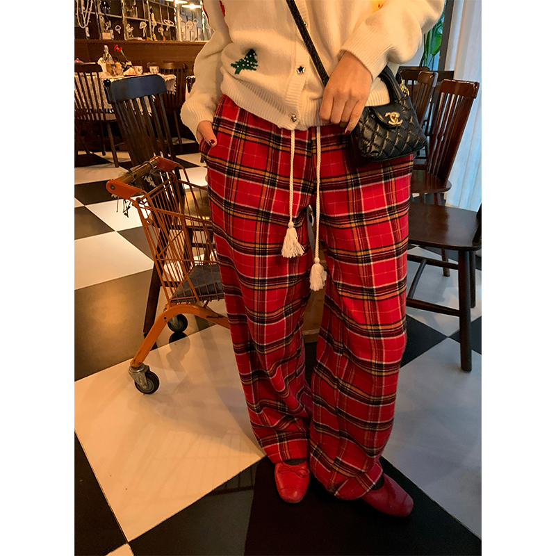 落落狷介高腰格子加绒阔腿裤