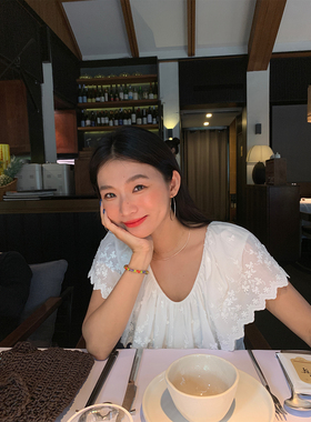 落落狷介 白色V领蕾丝上衣2025年新款设计感小众显瘦蕾丝衫小个子