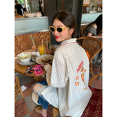 女宽松设计感上衣2025早秋新款 落落狷介长袖 条纹印花衬衫 小个子