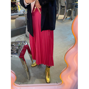 半身裙A字裙韩版 落落狷介 百褶长款 春装 裙子 红色百褶裙2026年新款