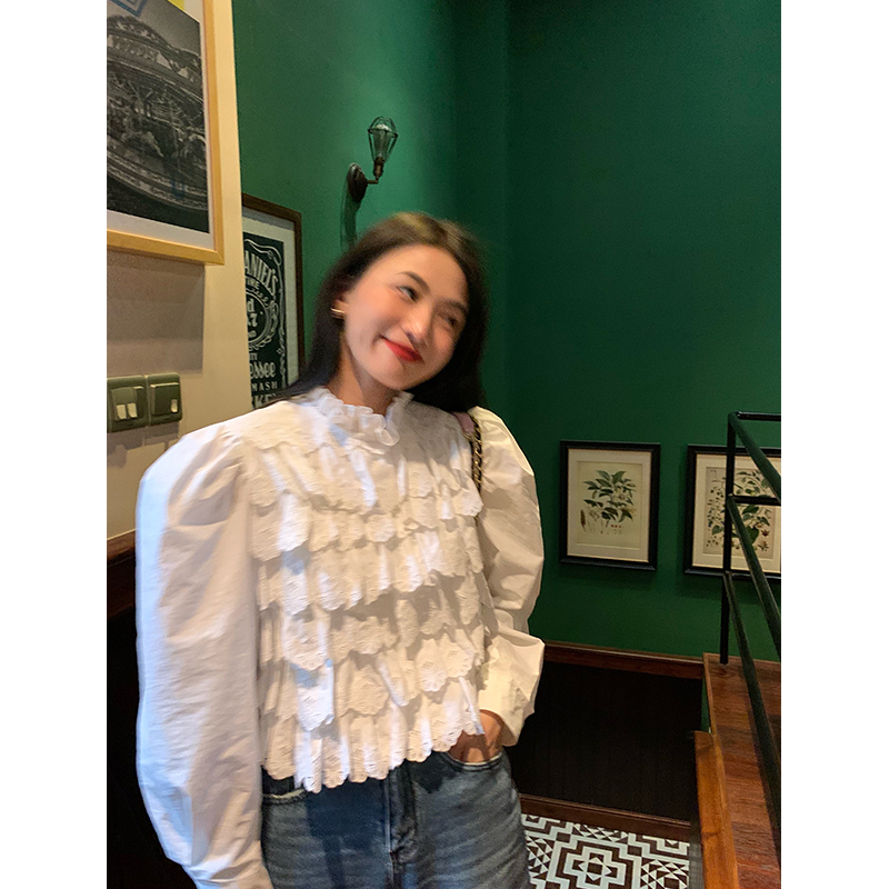 落落狷介白色蕾丝长袖衬衫女