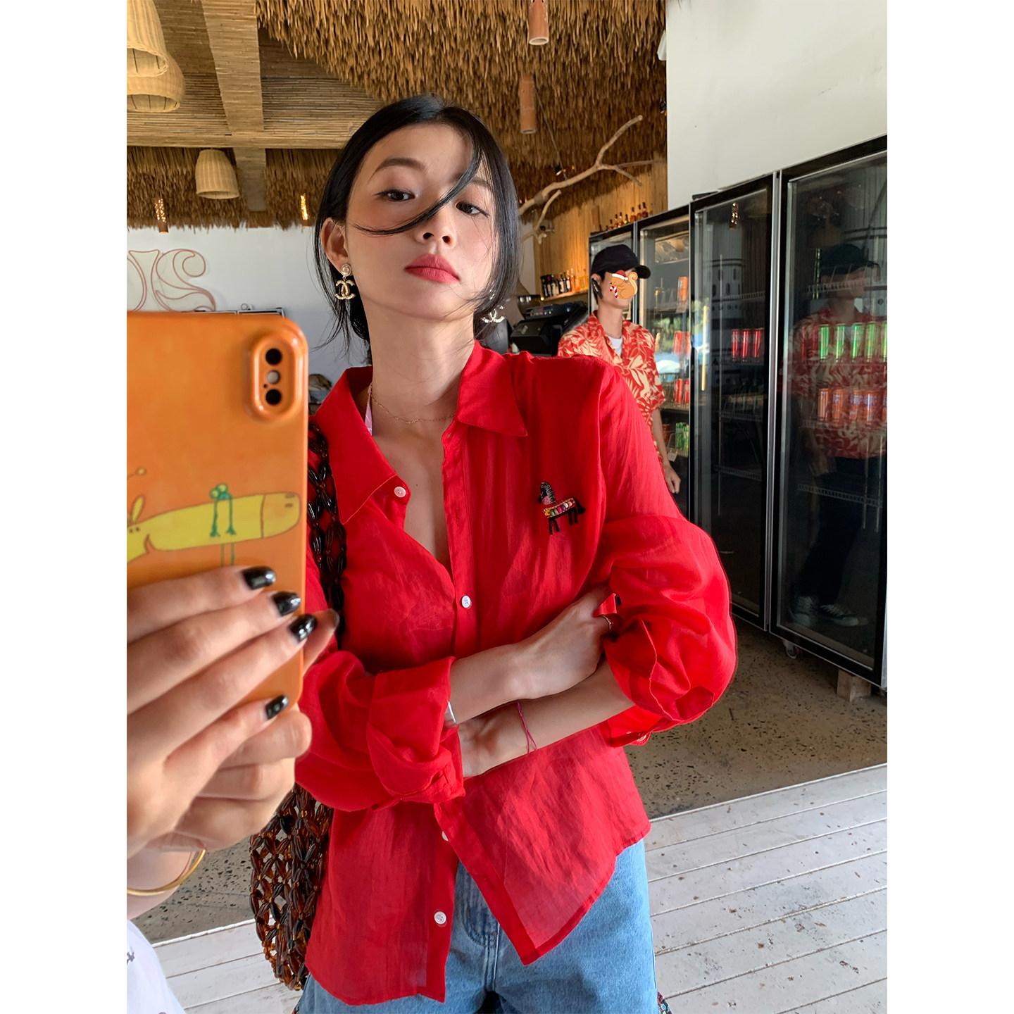 落落狷介 衬衫女款2026新款红色长袖苎麻上衣小个子刺绣衬衣春夏