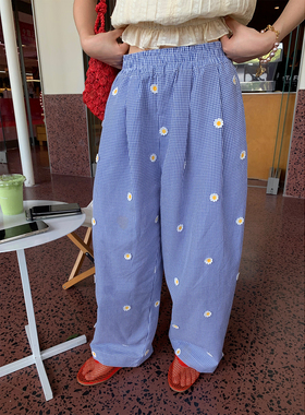 落落狷介 裤子2025新款今年流行爆款蓝色格子裤刺绣高腰阔腿裤女