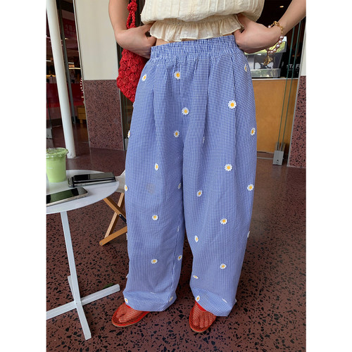 落落狷介高腰刺绣格子裤女