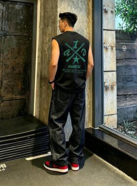 欧美街头潮牌痞帅绿色印花背心男重磅休闲外穿坎肩无袖t恤夏百搭