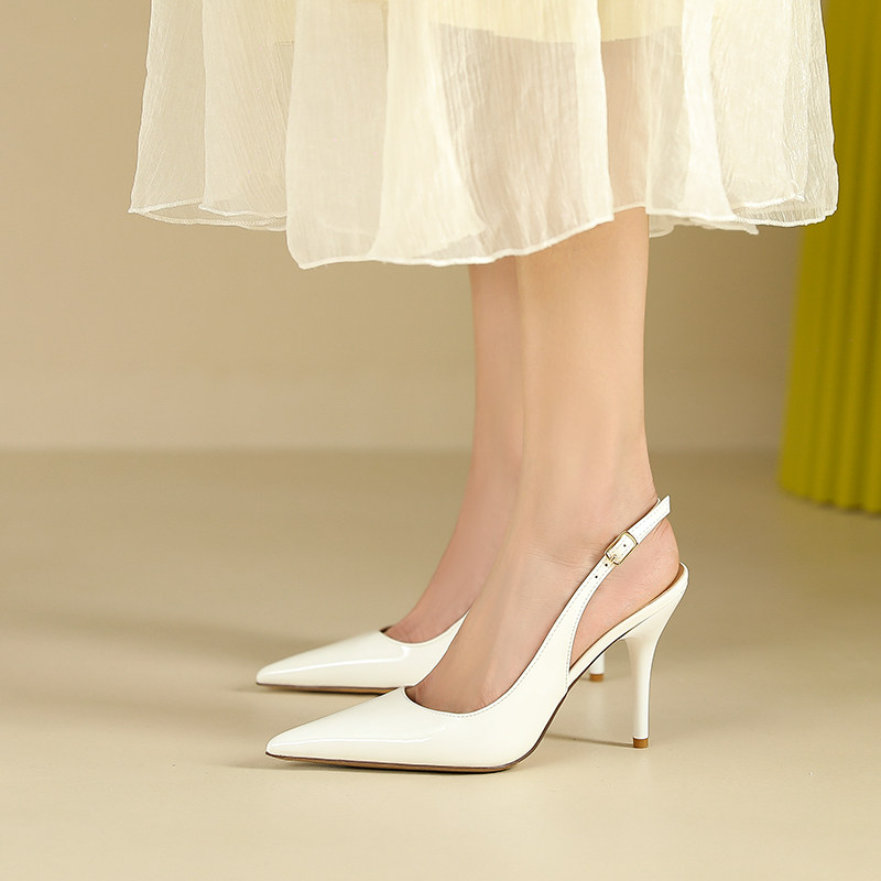 2023春夏新款白色高跟鞋后绊带超尖头性感气质浅口细跟漆皮单鞋女