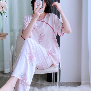 棉绸国风睡衣女短袖 人造棉新中式 夏季 长裤 薄款 凉感宽松家居服套装