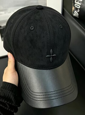 复古鹿皮绒拼皮帽檐棒球帽女秋冬新款显脸小美拉德风潮牌鸭舌帽男