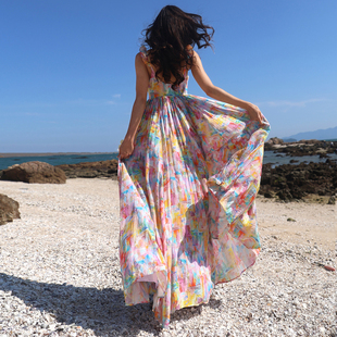 多巴胺海边丁达尔裙印花三亚海岛度假穿搭沙滩旅游大摆露背连衣裙