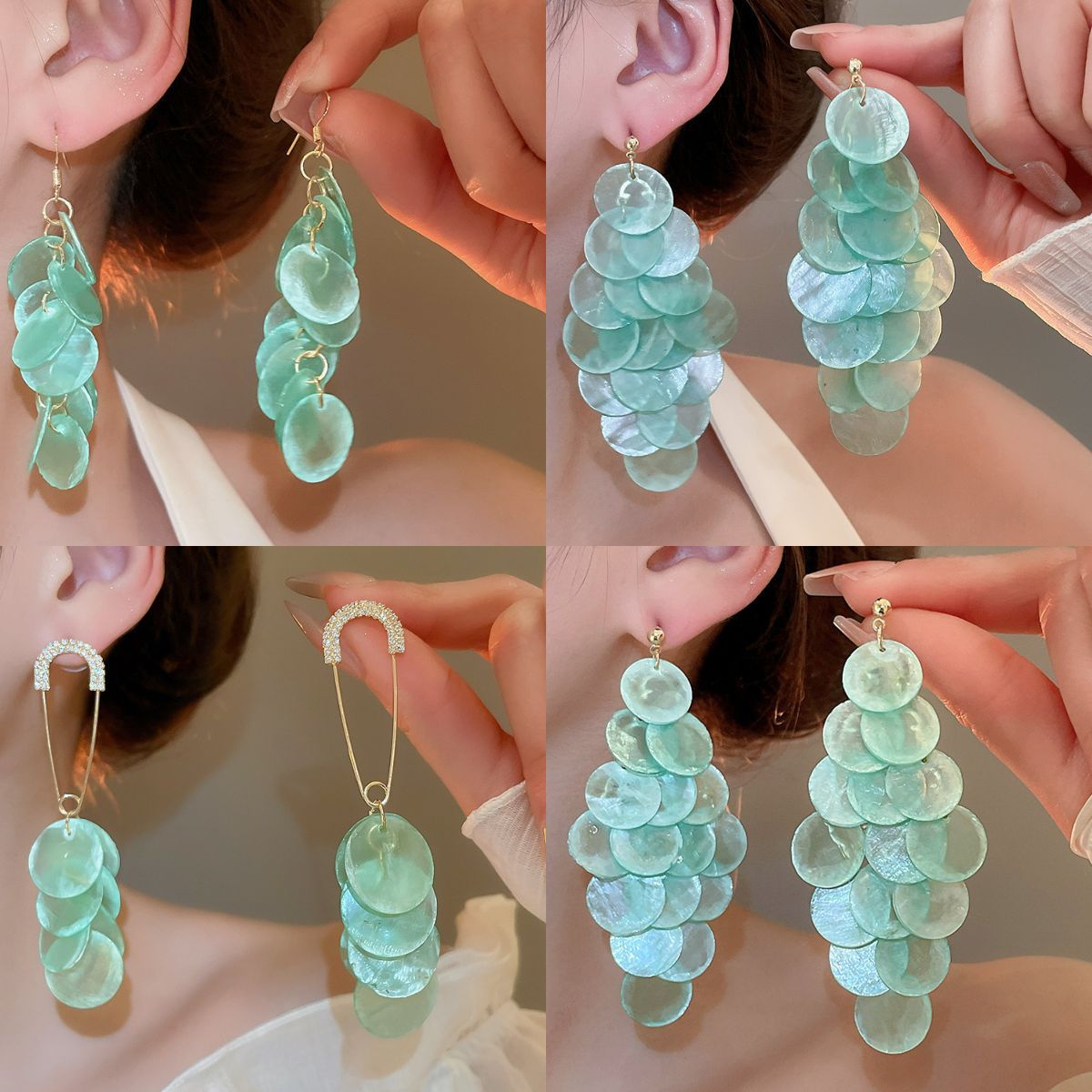 闪耀银针圆形贝壳流苏耳环海边度假风气质耳钉时尚高级感百搭耳饰