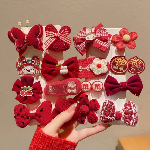 儿童宝宝过年头饰刘海侧边夹女童发夹新年红色发饰小女孩碎发发卡