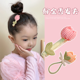 韩系儿童郁金香发夹可爱布艺格子女童清新刘海发卡小女孩花朵头饰