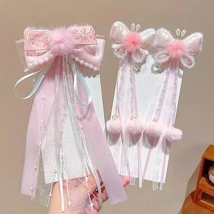 粉色儿童古风汉服头饰女童超仙蝴蝶结飘带发夹公主小女孩发卡流苏