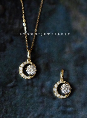 月牙坠 925纯银镀14K金项链 镶锆钻迷你月亮日系挂坠吊坠锁骨链