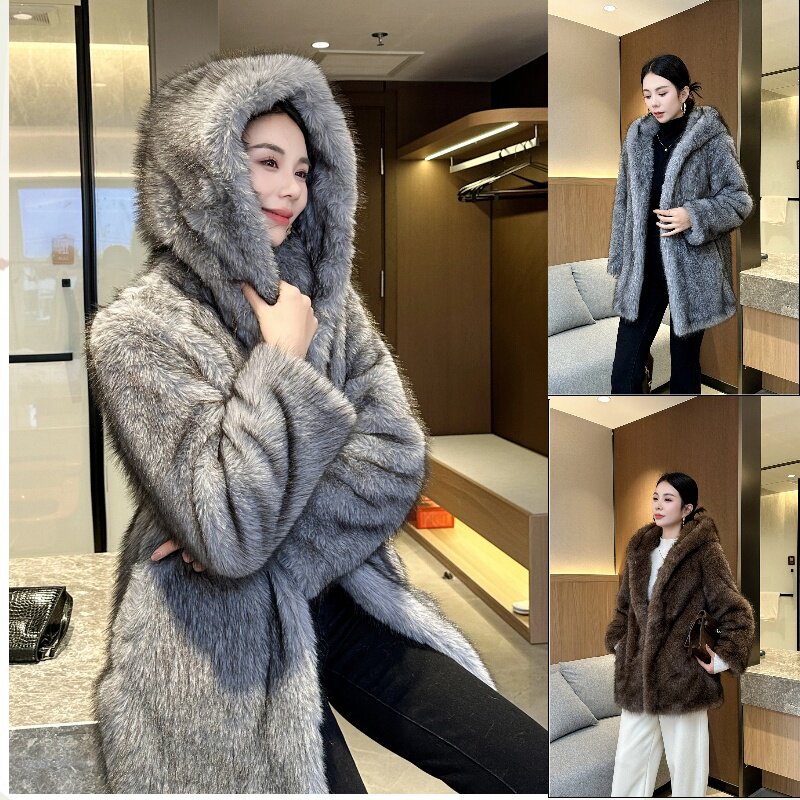 25新款冬季连帽加厚保暖狐狸毛女款大衣时尚百搭网红秋冬皮草外套