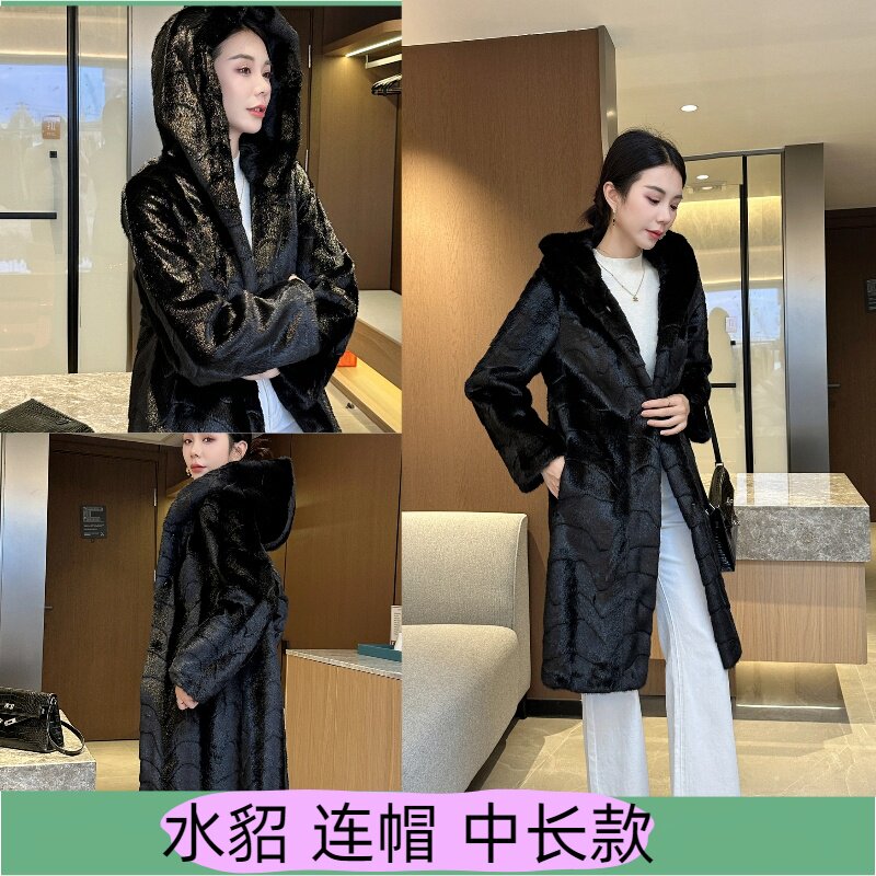 2025新款冬季连帽加厚保暖水貂皮草女中长款外套大衣百搭休闲皮草