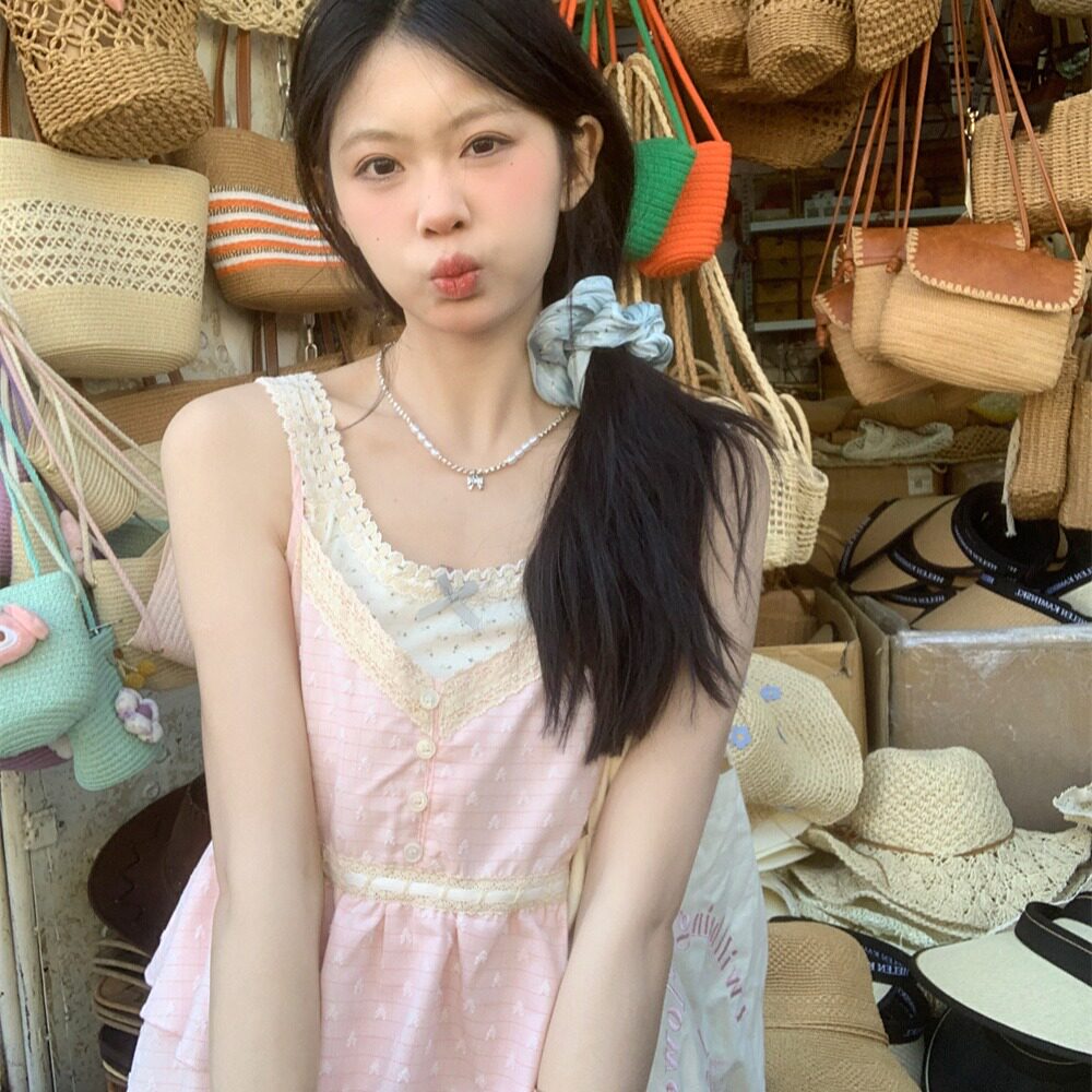 Moli茉里自制夏季碎花吊带花边樱花粉千层蛋糕吊带裙连衣裙两件套