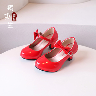 女童红色高跟鞋2025春秋新款小女孩防滑公主鞋中大童演出舞蹈皮鞋