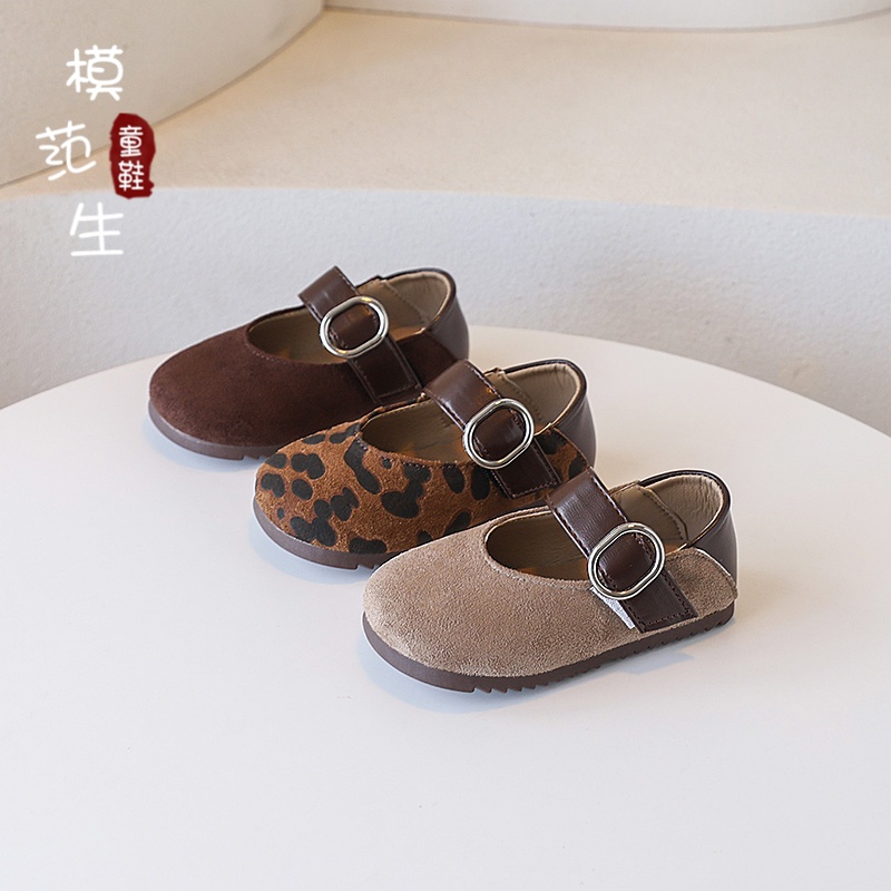 女童复古玛丽珍豹纹豆豆鞋