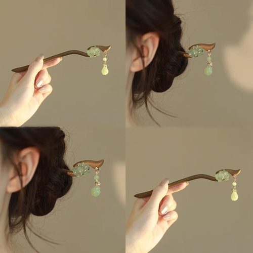 新中式真绿檀木仿玉流苏盘发木簪