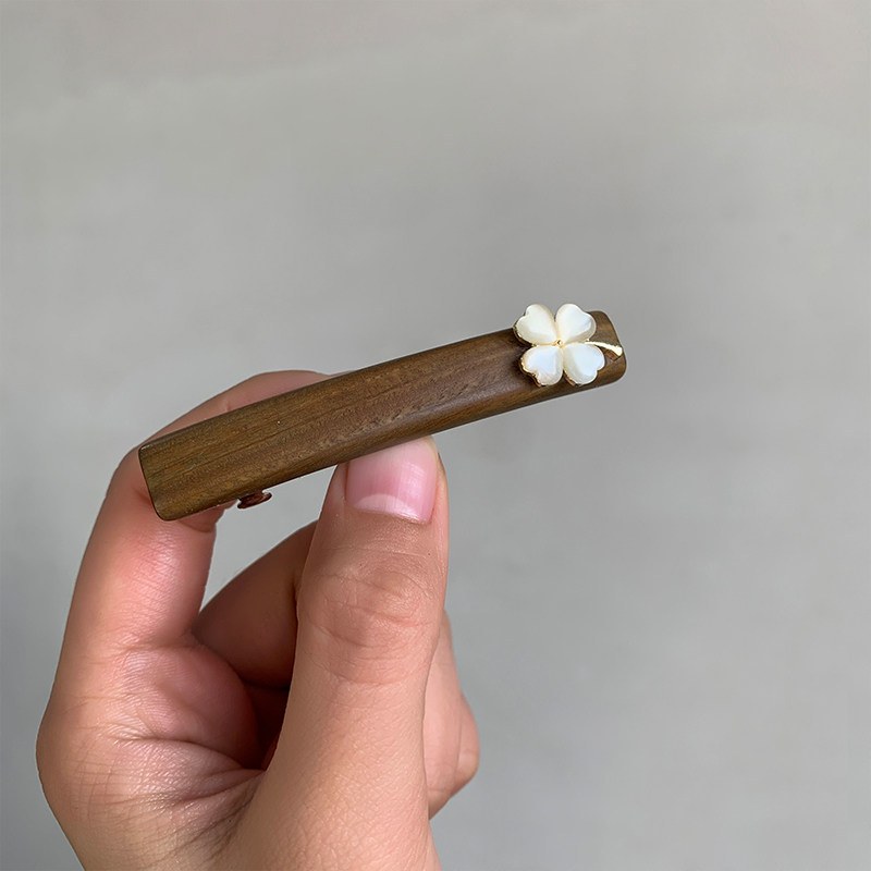 真绿檀木质发夹小巧精致四叶草后脑勺一字夹头饰高级感刘海发卡女
