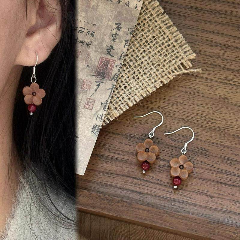 禅意小桃花国风新中式耳饰桃木朱砂文艺复古耳环汉服旗袍配饰耳钉