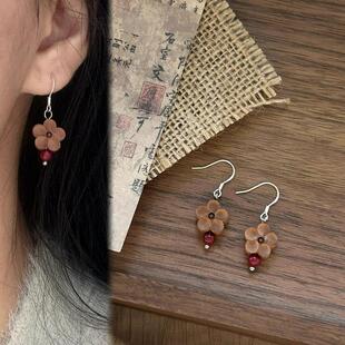 禅意小桃花国风新中式耳饰桃木朱砂文艺复古耳环汉服旗袍配饰耳钉