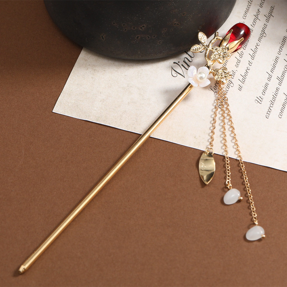 复古手工花朵流苏发簪女士盘发红宝系列超仙长款簪子古风汉服头饰