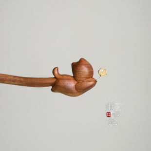 童趣起飞猫花朵可爱檀木发簪新中式盘发簪子日常百搭日常送礼学生