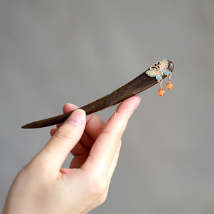 【庄周蝶梦】13厘米短簪大叶紫檀蝴蝶流苏发饰新中式发簪盘发送礼