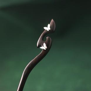 原创国风蝴蝶镀s925银黑檀木发簪子简约盘发天然发钗高级感步摇女