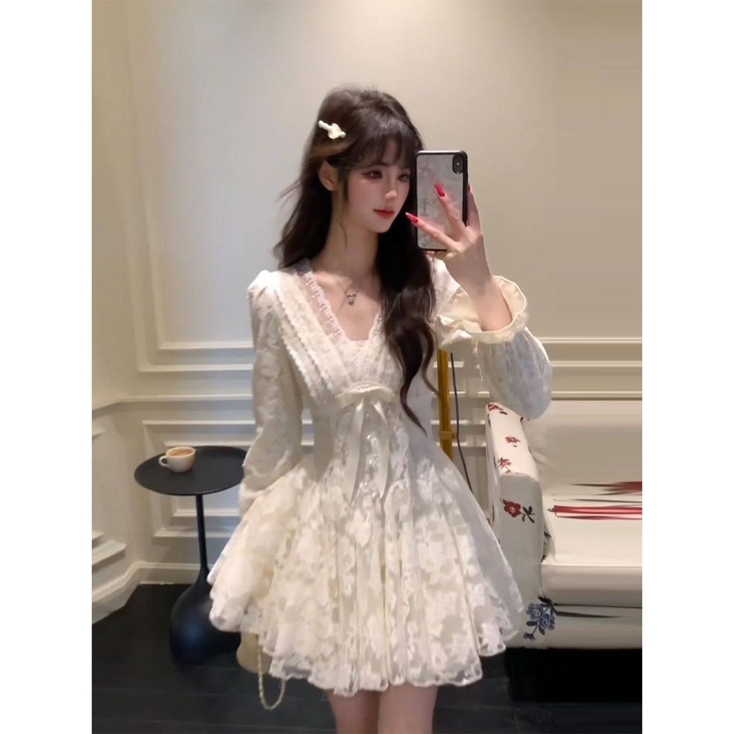 法式miu系富家千金收腰蕾丝连衣裙女秋冬高级感加绒生日蓬蓬裙子,女装/女士精品,连衣裙,淘宝优惠券,粉丝福利购,淘宝优惠卷