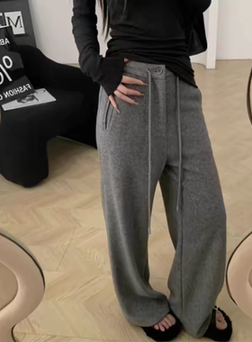 灰色加厚阔腿裤女2024冬季新款大码保暖休闲裤显瘦慵懒风毛呢裤