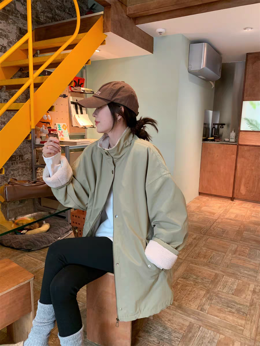 2025秋冬新款时尚工装立领中长款仿羊羔毛加厚保暖棉服棉衣女chic