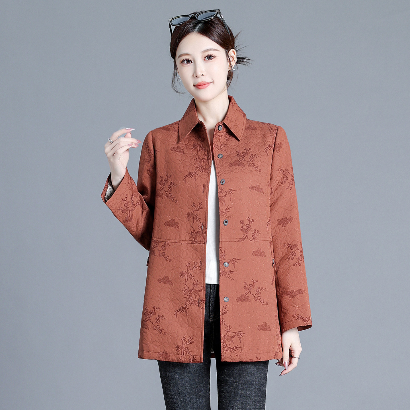 新中式印花薄款中老年妈妈棉服