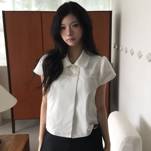 韩版ins日系少女感四粒纽扣夏季复古娃娃领休闲短袖衬衫上衣