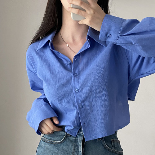 有货 韩国 ins 秋日新款 长袖防晒衬衫女小心机后背绑带短款衬衣
